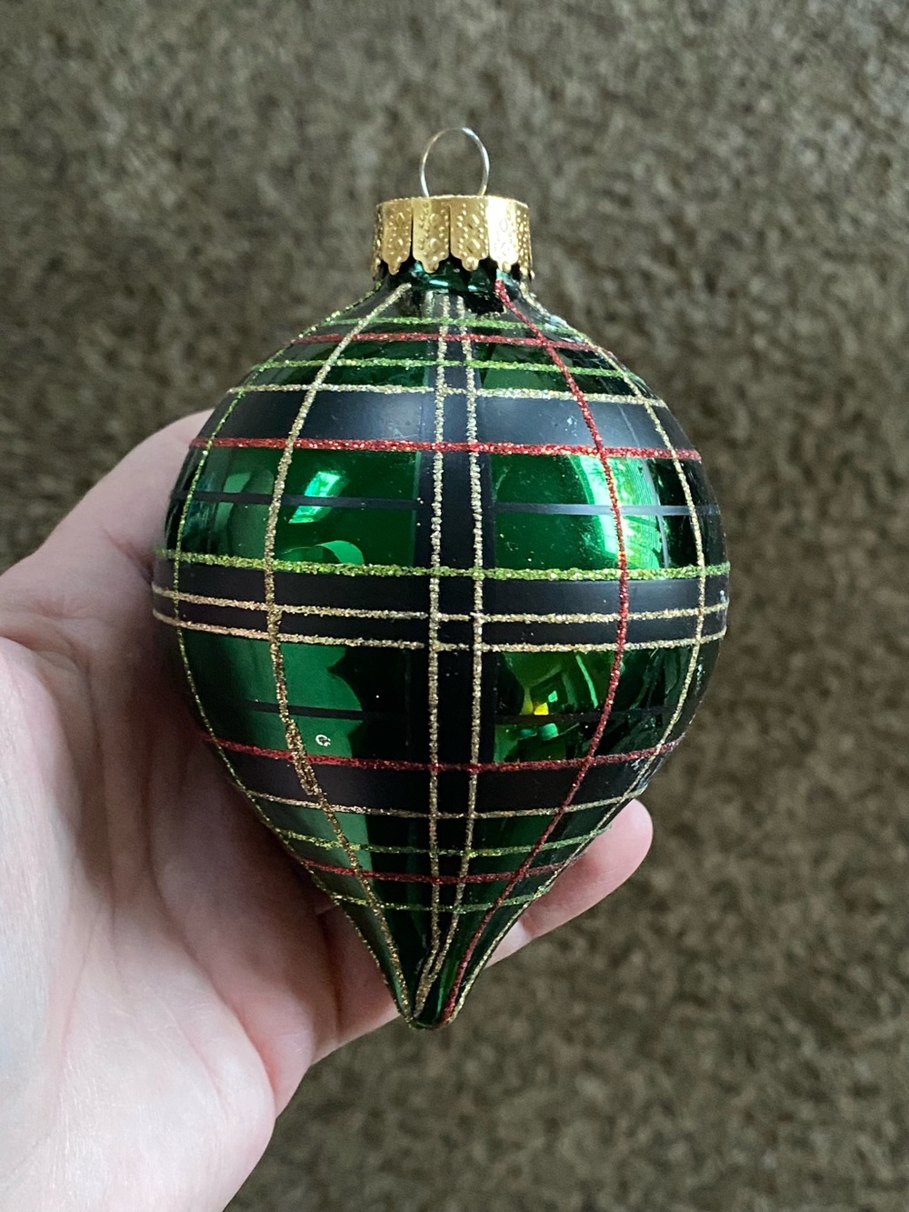Unique Treasures Vintage Green Plaid Glass Finial Christmas Ornament